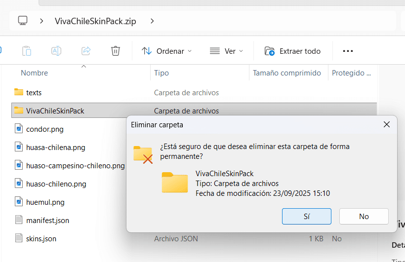 Elimina la subcarpeta
